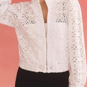 Anthropologie Women's White Crochet Bomber Jacket Sz Medium